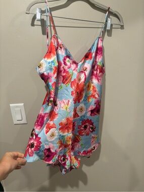 Victoria's Secret Satin Floral Cami Romper - Light Blue & Pink